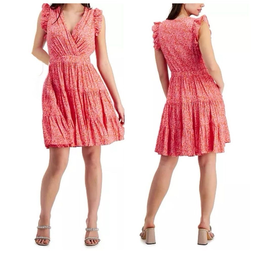 Rachel Zoe Pink & Orange Floral Flutter Sleeve Tiered A-Line Mini Dress